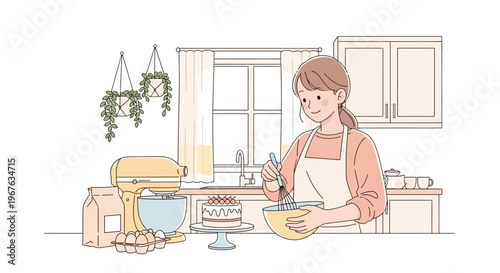 Young woman baking a cake in a bright, cozy kitchen, mixing batter in a bowl.