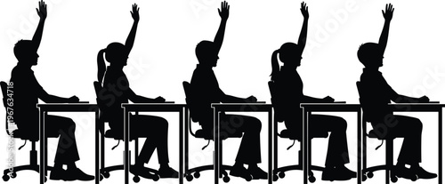 Silhouette of a group of business people sitting at a long table having a professional meeting discussion or corporate seminar