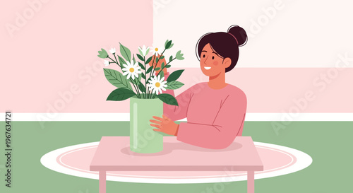 Young woman arranging fresh flowers in a vase on a table, home interior decor