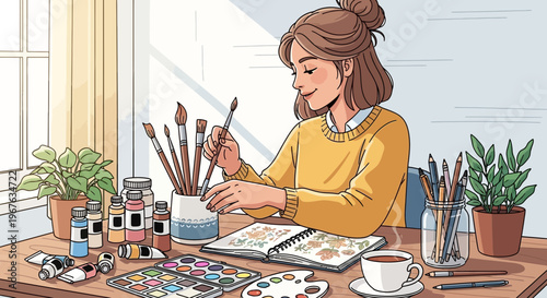 Young woman artist painting flowers in sketchbook at desk with art supplies and tea