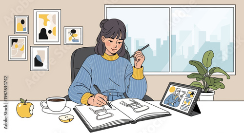 Young woman drawing in sketchbook at desk with coffee and tablet, creative workspace