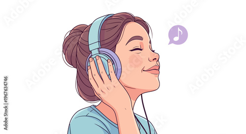 Young Woman Enjoying Music with Headphones, Blissful Expression, Sound Wave Icon