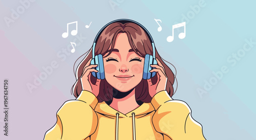 Young Woman Enjoying Music with Headphones, Feeling Happy and Relaxed