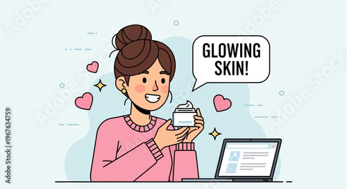 Young woman holding cream jar, excited about glowing skin, online beauty consultation