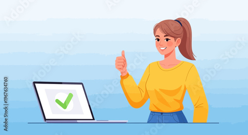 Young woman giving a thumbs up next to a laptop showing a green checkmark, indicating success or completion.