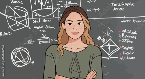 Young woman stands in front of a blackboard filled with science and math notes while looking directly at the viewer
