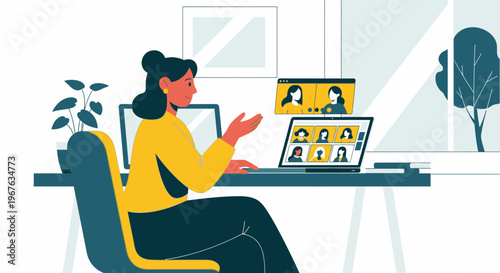 Young woman in a video conference call at home, working remotely