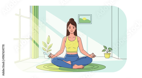 Young woman meditating in lotus pose, practicing yoga at home, feeling calm and peaceful.