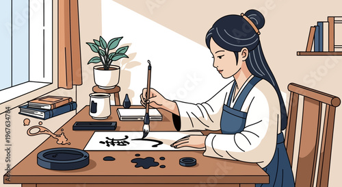 Young woman practicing traditional East Asian calligraphy at a desk