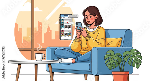 Young woman relaxing on sofa using smartphone, enjoying online shopping and city view