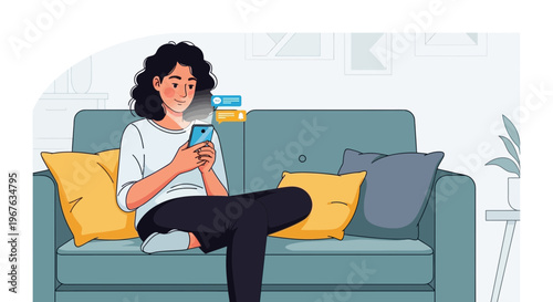 Young Woman Relaxing on Sofa, Browsing Smartphone with Social Media Notifications