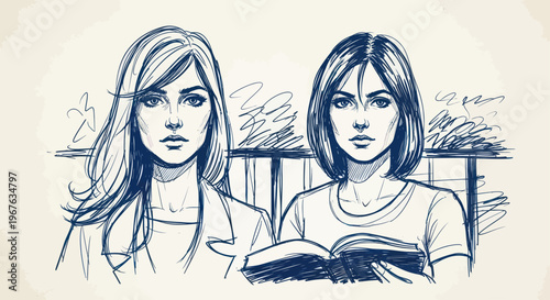 Two young women with serious expressions, one reading a book, in a sketch art style.