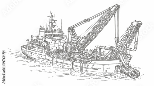Detailed line drawing of a large industrial dredging vessel with a prominent crane and specialized equipment on the water.