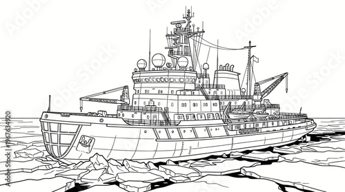 Detailed line drawing of a large icebreaker ship navigating through broken ice floes in a frozen sea, showcasing its robust design and equipment.