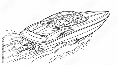 Detailed line drawing of a modern speed boat cruising on water, creating a wake behind its powerful engine.