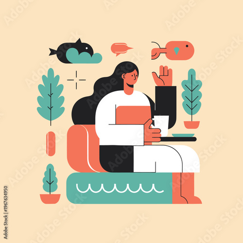 Woman relaxing on couch with coffee and plants.