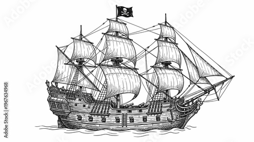 Detailed black and white illustration of a classic pirate ship with full sails and a Jolly Roger flag, sailing on the open sea.