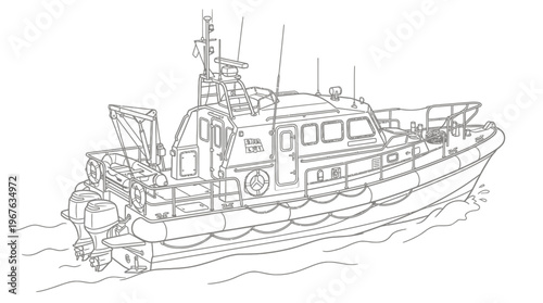 Line drawing of a modern rescue boat or patrol vessel with outboard motors, navigating on water, ready for maritime operations.