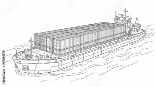 Line drawing of a cargo ship transporting multiple shipping containers on water.