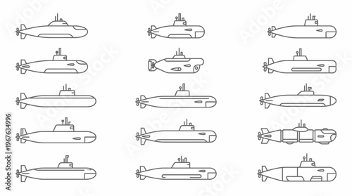 A collection of various line art submarine icons, showcasing different designs and types of underwater vessels.