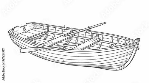 Detailed line drawing of a classic wooden rowboat with oars, ready for water transport or leisure activity.