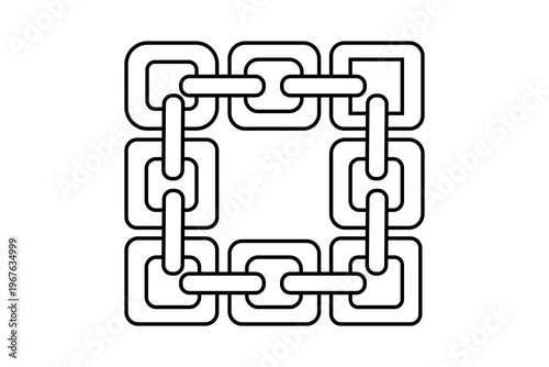The image features a minimalist, black-and-white outline of a connected chain or network arranged in a square formation.