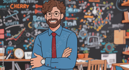 Teacher stands in classroom with blackboard filled with diagrams and notes during school hours