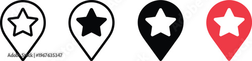 Map location pin with star symbol set for marking favorite destinations and top rated places online