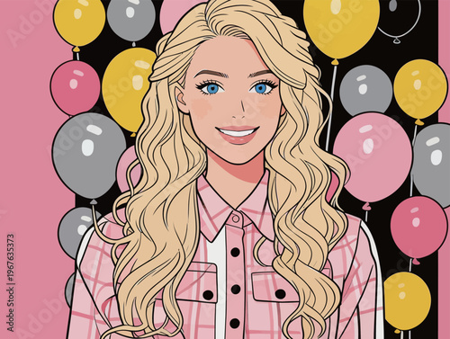 Young woman smiles with balloons in background during celebration at indoor venue