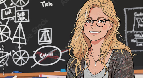 Student presents in classroom with charts and diagrams on blackboard during presentation