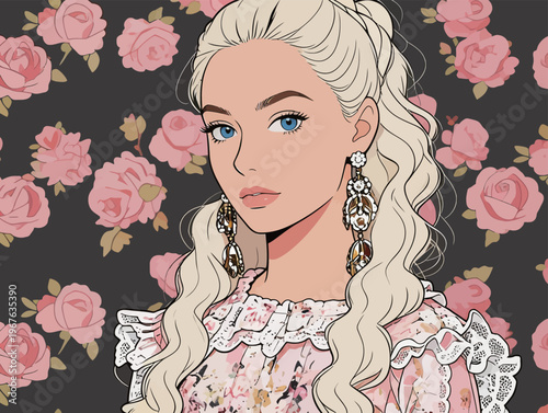 Young woman with long blonde hair and floral dress stands against a rose backdrop with large earrings