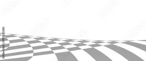 Minimalist abstract background with a grey and white checkered floor in receding perspective, distorted with gentle waves for a subtle optical effect.