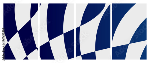 Bold navy blue and white abstract checkered pattern with extreme distortion and warped curves, creating a high-contrast graphic element with a sense of motion.