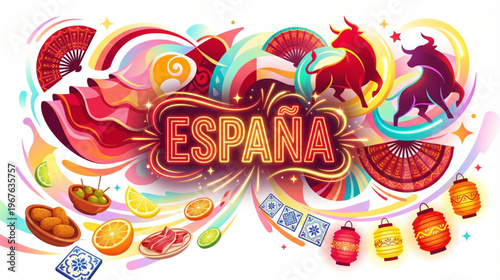 España vibrant culture showcasing bull, flamenco, and tapas