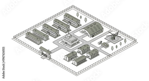 Military base isometric map vector illustrating a detailed security camp layout with various facilities, barracks, hangar, and a helicopter landing zone