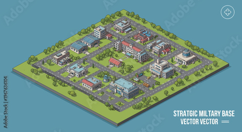 Detailed strategic military base isometric map vector illustration of a modern complex with buildings, roads, and infrastructure for defense and tactical planning