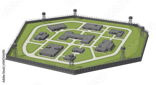 Military base isometric map vector illustration for strategic planning and security
