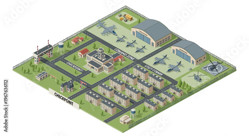 Top-down military base isometric map vector, featuring a detailed aerial view of strategic air force infrastructure, aircraft, barracks, and facilities for defense operations