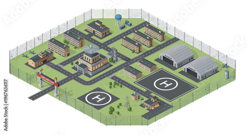 Detailed military base isometric map vector illustration showcasing a secure defense facility with various buildings, helipads, and strategic infrastructure on a green field