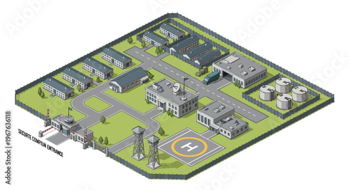 Detailed Military base isometric map vector illustration showcasing a secure army complex with various buildings, helipad, and infrastructure for strategic operations and defense