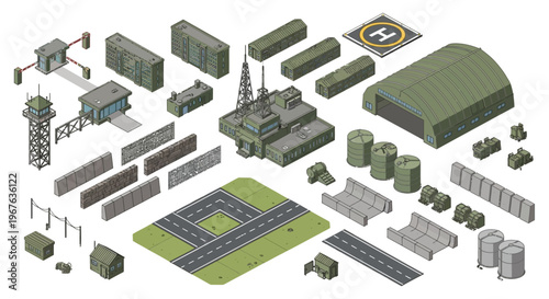 Modular military base isometric map vector kit featuring comprehensive army infrastructure elements, perfect for strategic planning and simulation layouts