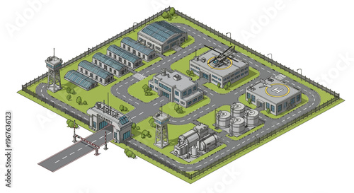 Detailed military base isometric map vector illustration showcasing various buildings, security checkpoints, helicopter pads, and infrastructure in a top-down graphic view of a strategic compound