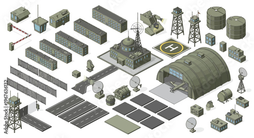 Detailed Military Base Isometric Map Vector Graphic Assets for Strategic Game or Simulation Design, Featuring Various Infrastructure Elements and Buildings