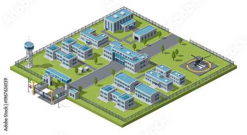 Military base isometric map vector illustration of a secure complex with buildings, helipad, and security tower