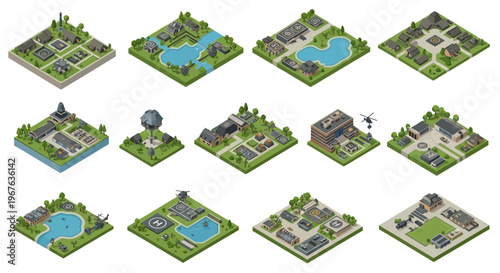 Military base isometric map vector collection featuring diverse urban infrastructure elements, buildings, roads, and lakes, ideal for city planning and game design projects
