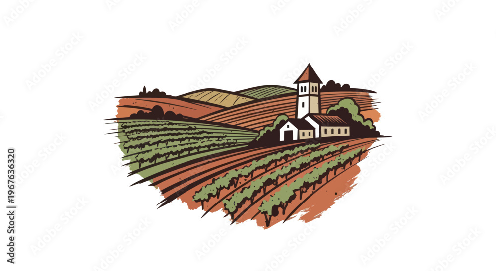 Obraz premium Vineyard landscape with a charming church and rolling hills.