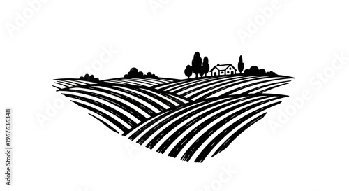 Vineyard Landscape with Rolling Hills and Farmhouse in Engraving Style.
