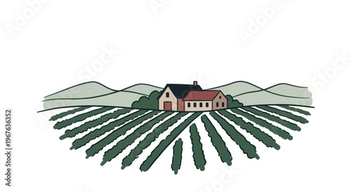 Vineyard with Farmhouse and Rolling Hills Landscape.