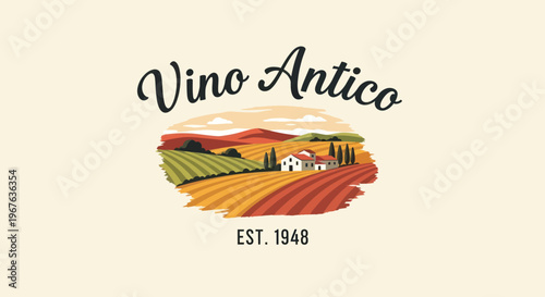 Vino Antico Italian Vineyard Landscape with Winery and Rolling Hills.