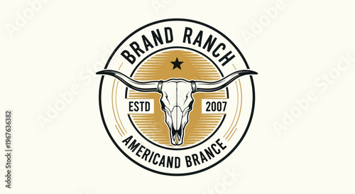 Vintage American Ranch Brand Logo with Bull Skull and Horns.